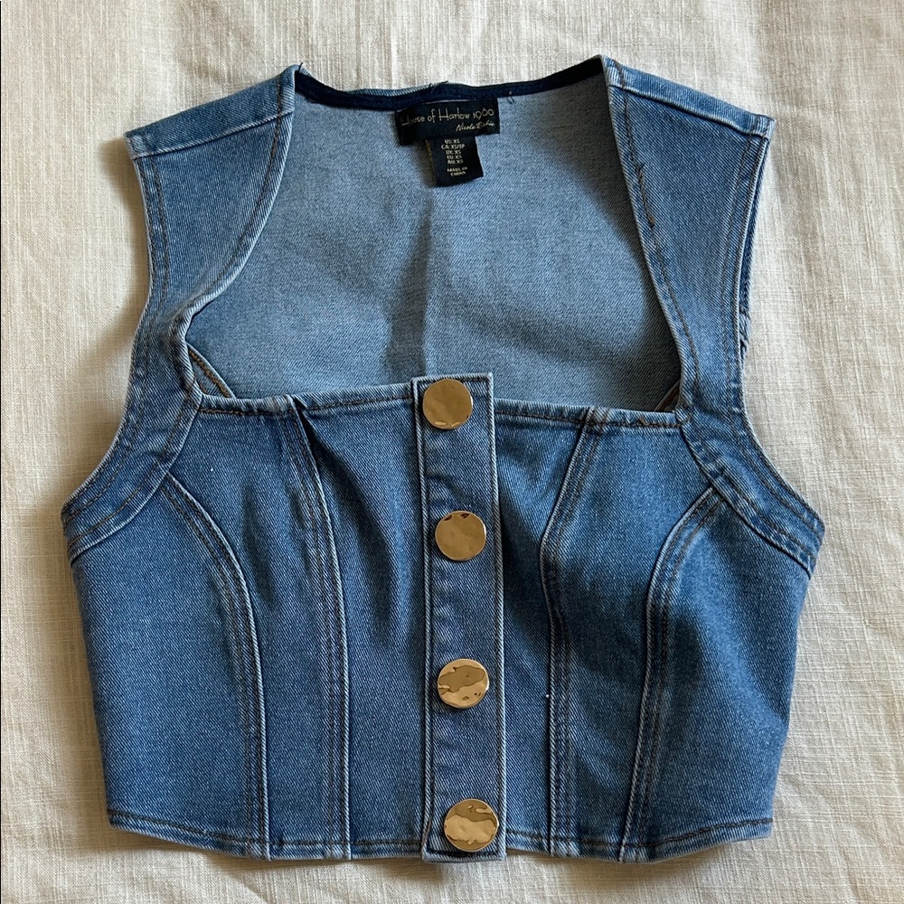 House of Harlow 1960 Denim Crop Top with Gold Accents